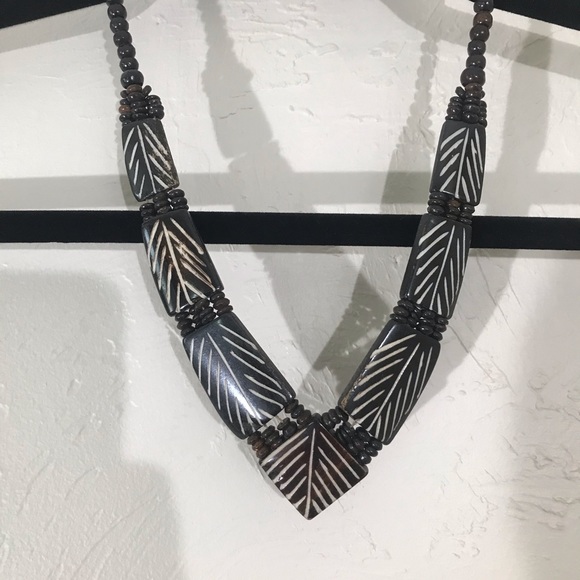 Jewelry - Brown Carved Wooden Beaded Bib Statement Necklace